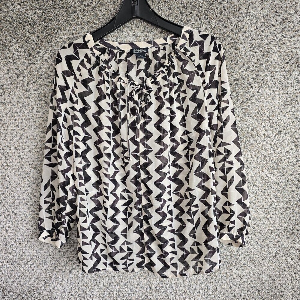 Lucky Brand Top Womens Medium Black Sheer Keyhole Neck Long Sleeve Blouse Ladies